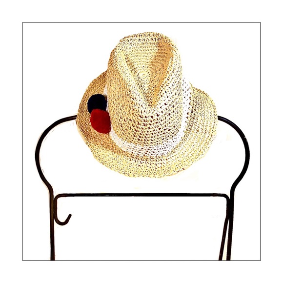 Kooba Accessories - NWT Kooba Straw Fedora with White Band & Pom Poms